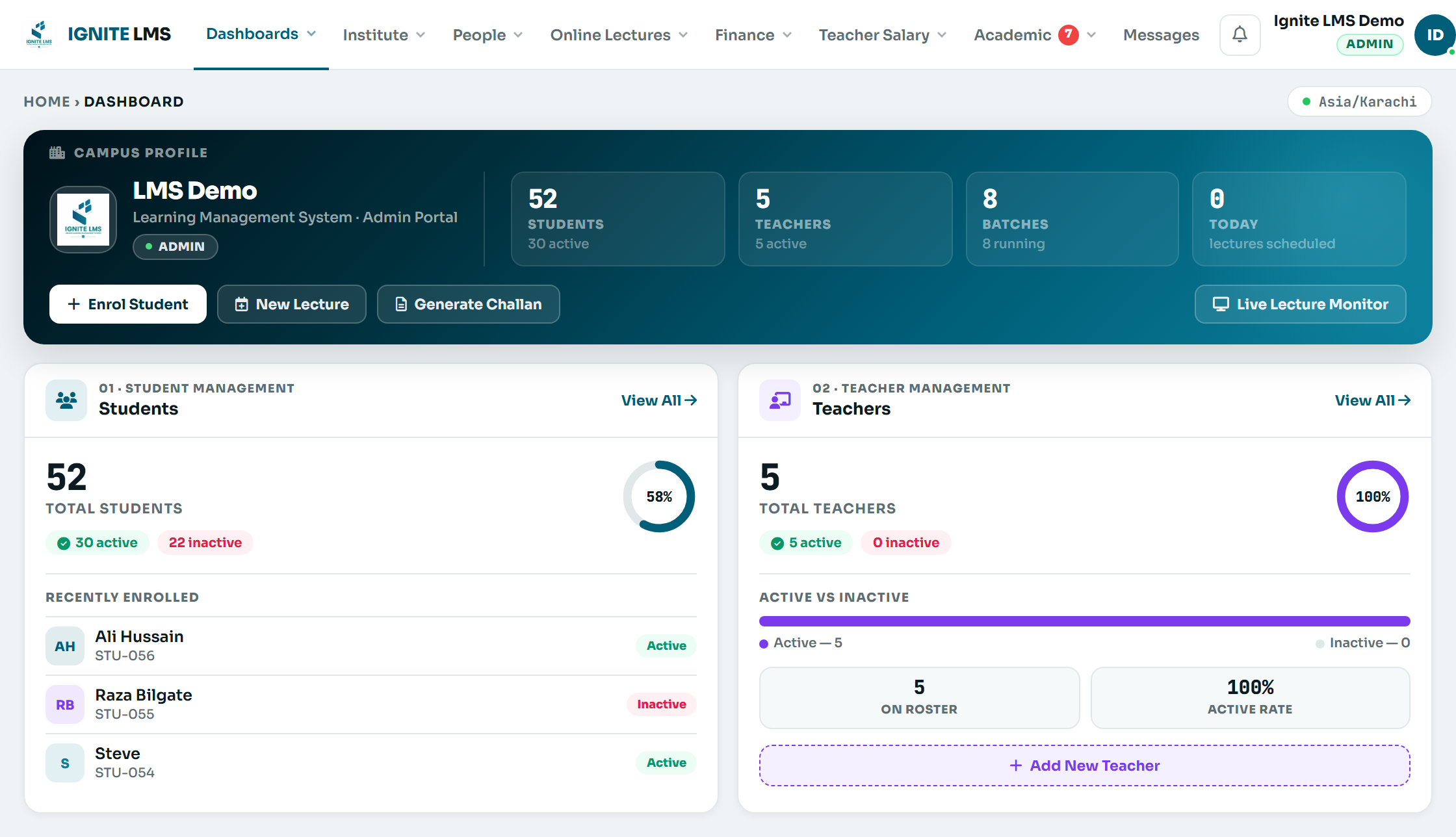 IGNITE LMS admin portal dashboard with student management, teacher rosters, campus stats and quick actions